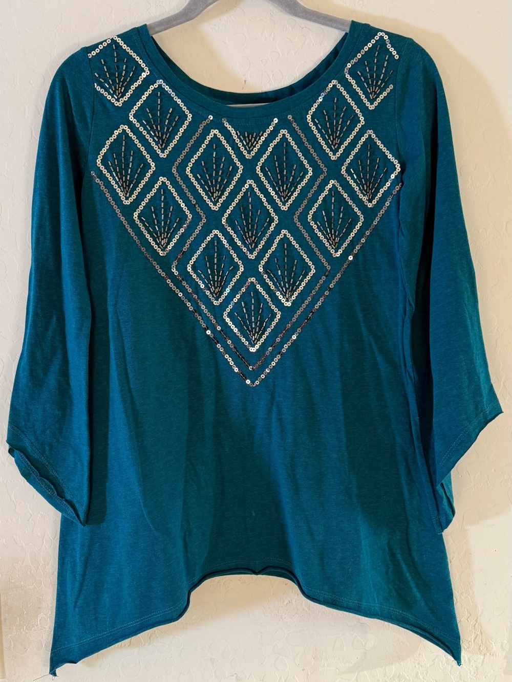 Panhandle, medium, cotton blend teal-colored flowy tunic top